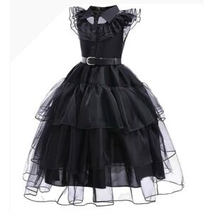 NEW Wednesday Addams Girls Dress Costume Ruffle Collar Tiered Dress Size 5-6